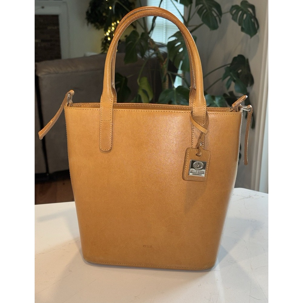 Vtg PELLE BORSA Tan Leather Satchel Bag Handbag Shoulder Shopper Made in Japan